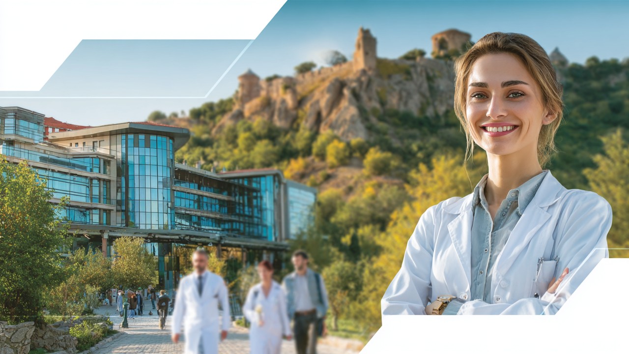 Modern hastane ortamında gülen hasta, beyaz gömlekli doktorlar ve Türkiye'nin doğal güzellikleriyle tarihi mimarisi içeren kolaj.