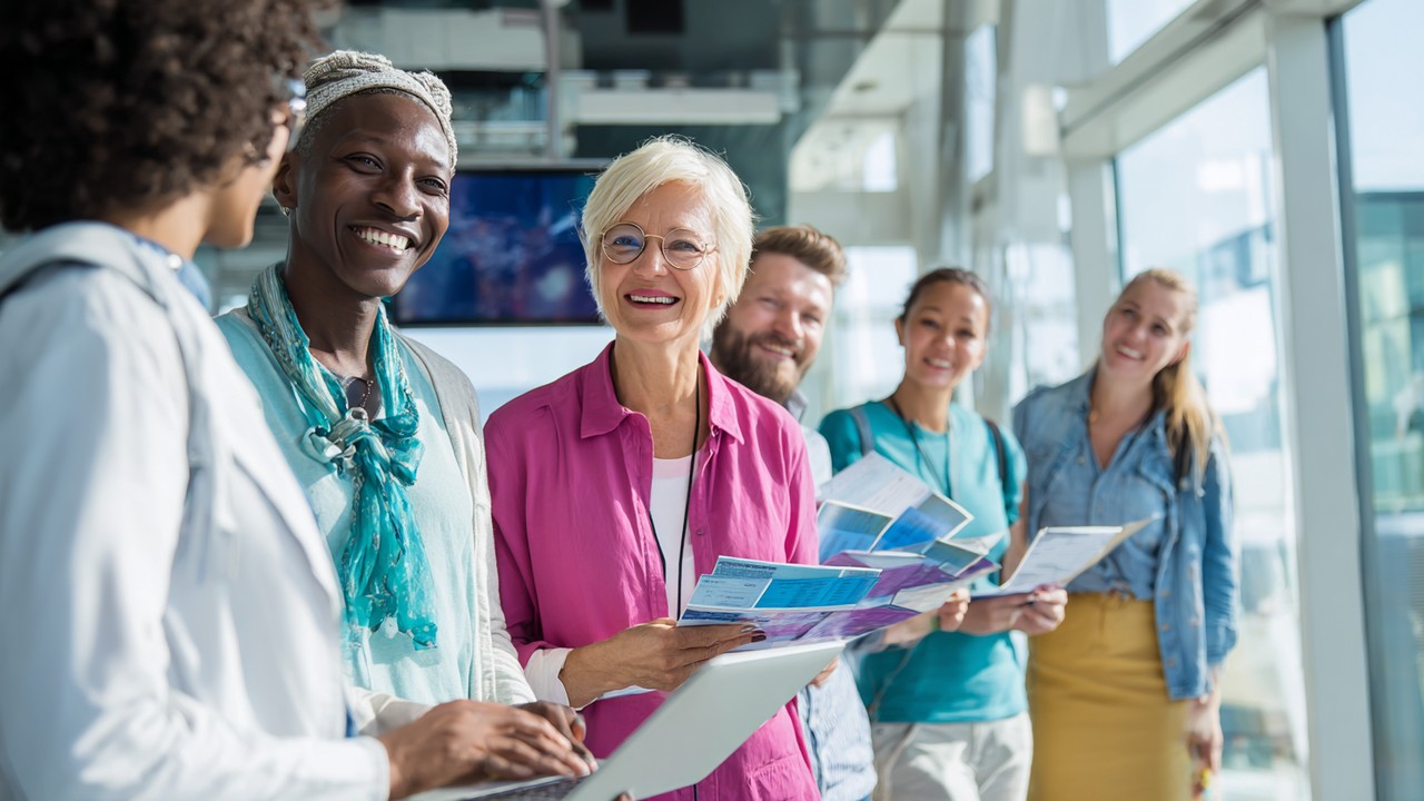Modern havaalanı lounge'unda gülen sağlık turisti grubu, seyahat belgeleri ve tıbbi broşürlerle, güler yüzlü seyahat acentesiyle iletişim kuruyor.