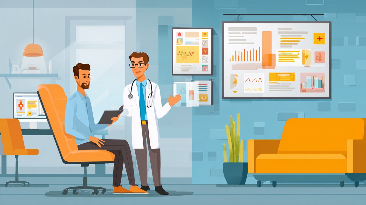 Realistic doctor and patient discussing treatment options in a modern consultation room with medical charts and digital displays.