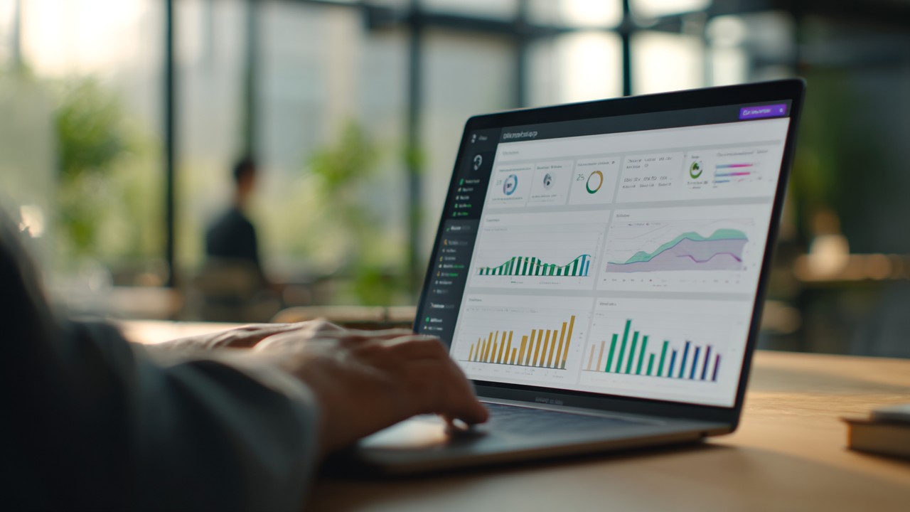 Modern ofis ortamında, grafikler ve analizlerle dolu laptop ekranına bakan kişi, web analitikleri ve veri görselleştirme.