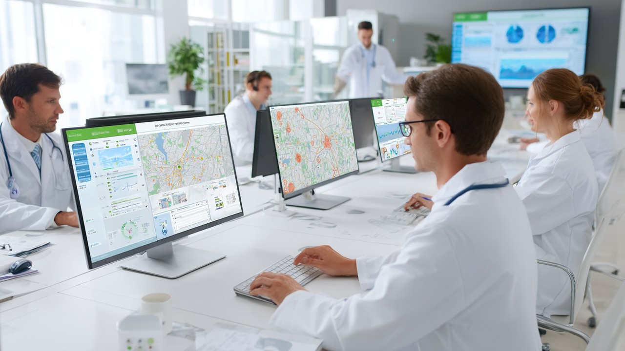 Healthcare clinic digital marketing team analyzing local SEO data and patient demographics on multiple computer screens in a modern, bright office.