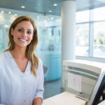 Modern sağlık kliniği resepsiyon alanında güler yüzlü resepsiyonist, hasta ile ilgileniyor, aydınlık ve temiz iç mekan, konforlu oturma alanı.