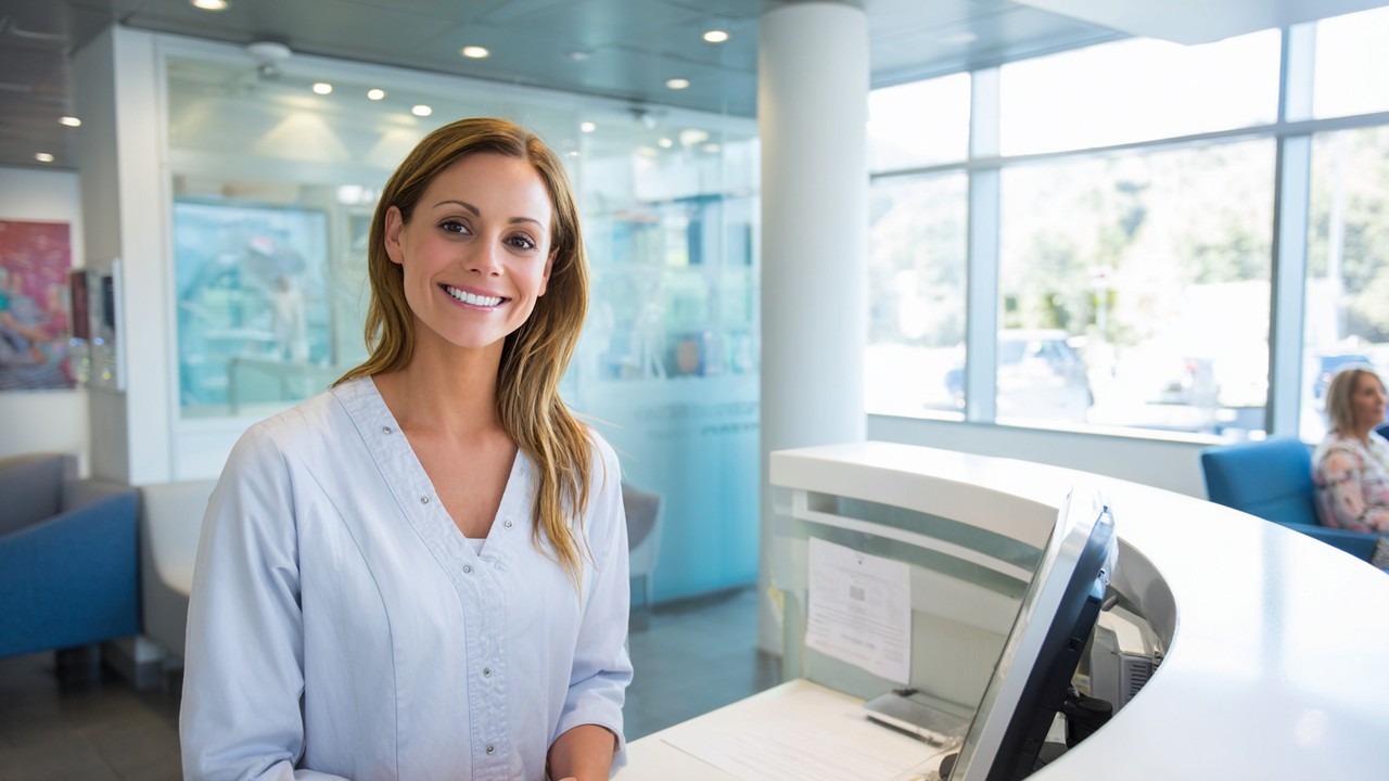 Modern sağlık kliniği resepsiyon alanında güler yüzlü resepsiyonist, hasta ile ilgileniyor, aydınlık ve temiz iç mekan, konforlu oturma alanı.