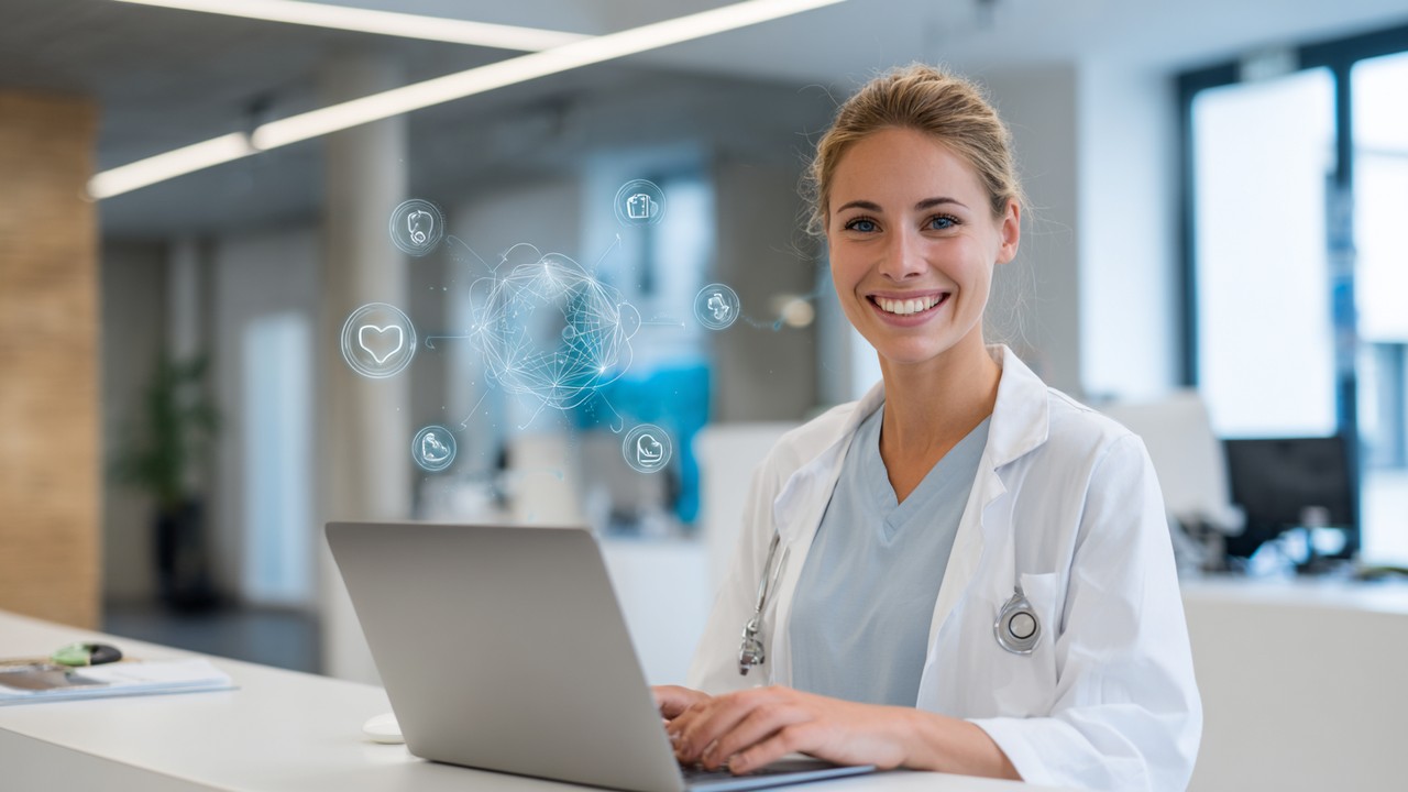 Modern sağlık kliniği resepsiyon alanında güleryüzlü sağlık çalışanı dizüstü bilgisayar kullanıyor, dijital ikonlarla yerel ve küresel SEO vurgusu.