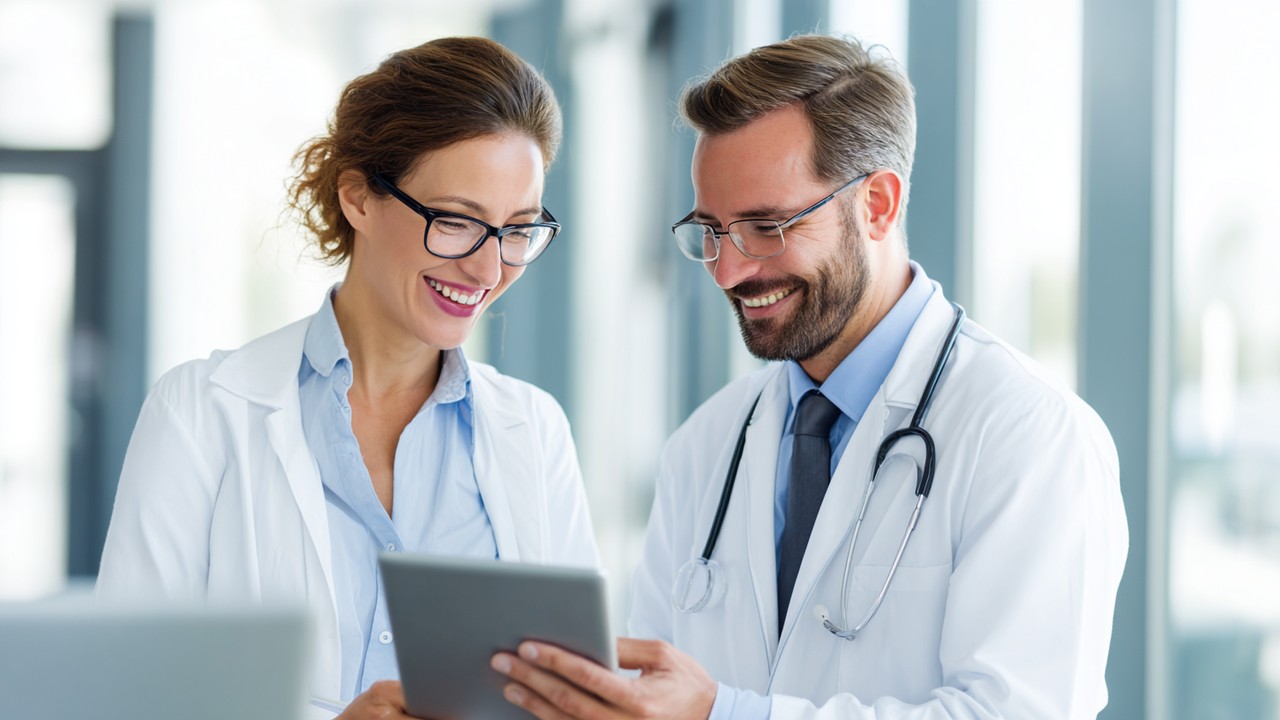 Modern tıp kliniğinde doktor ve hastanın tabletle minimally invasive tedavi seçeneklerini açıkladığı, güven ve bakım odaklı ortam