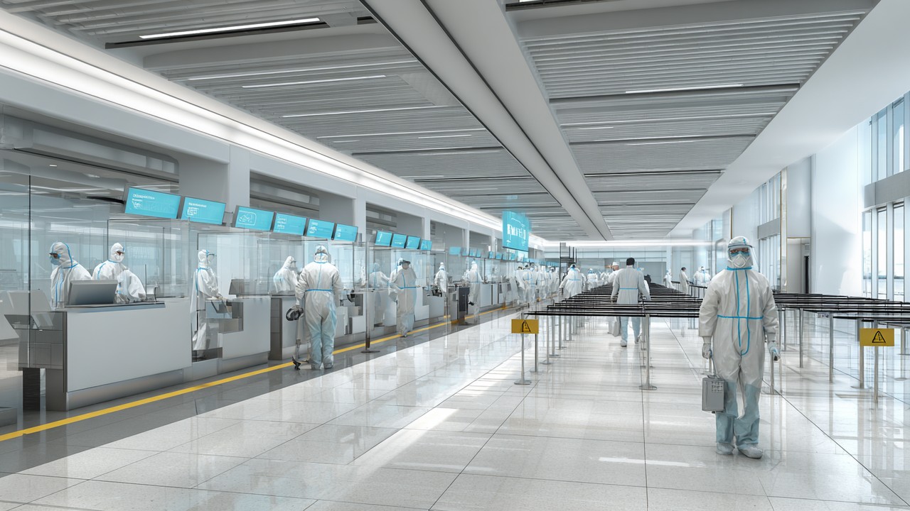 Moderne internationale Flughafen-Gesundheitskontrolle mit medizinischem Personal in Schutzkleidung bei Sicherheitsüberprüfung, saubere und helle Umgebung