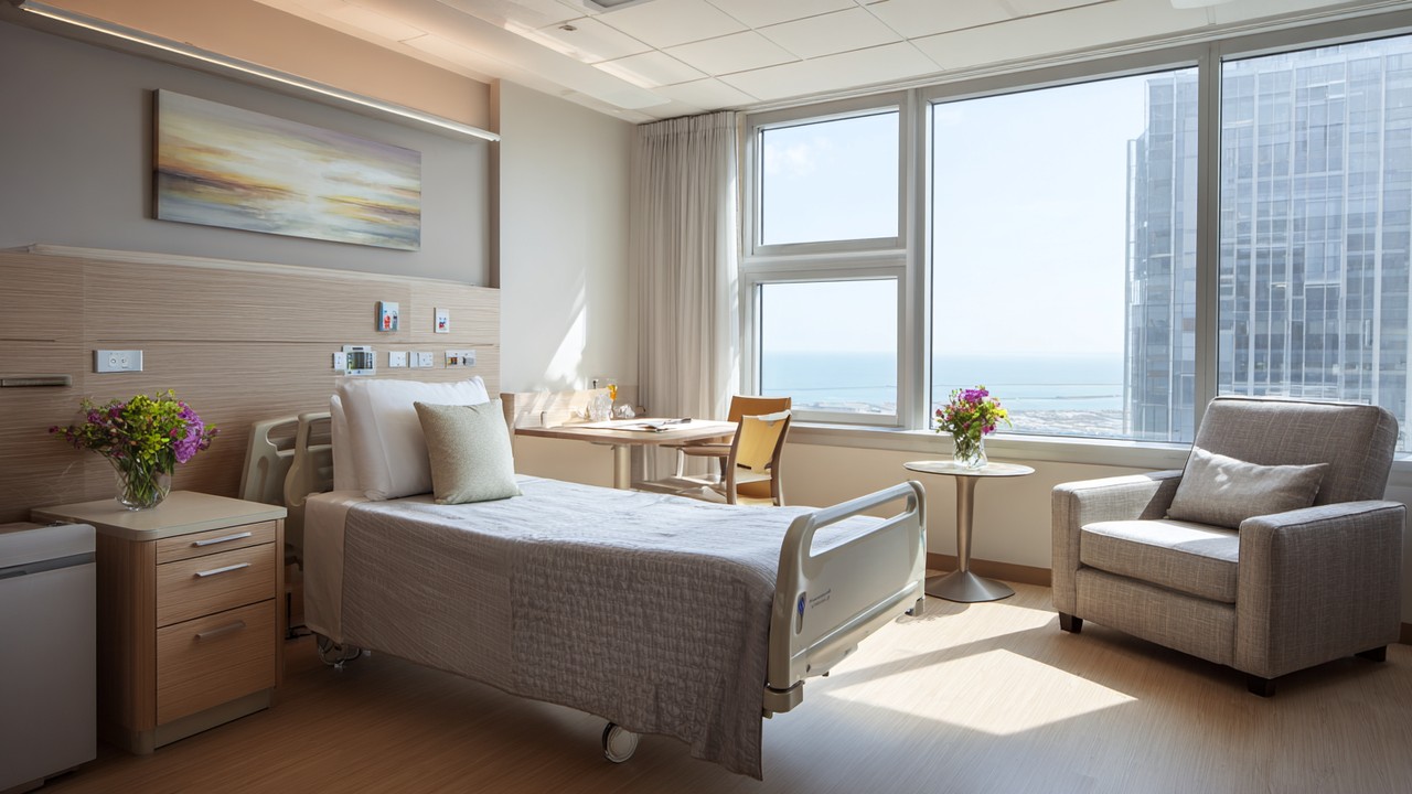 Parlak, modern hastane odası, büyük pencereden doğal ışık alan konforlu yatak ve yanındaki şık koltuk, sağlık seyahati için rahat ortam.