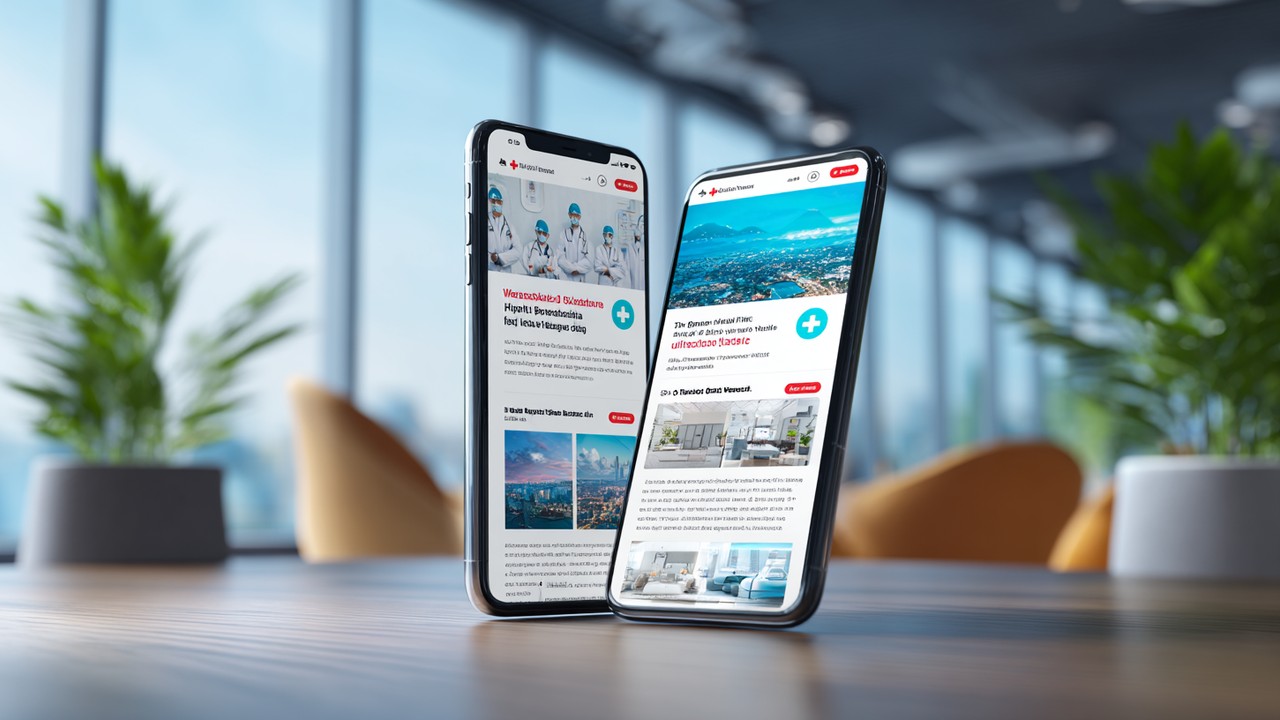Sağlık web sitesinin mobil uyumlu ve uyumsuz versiyonlarının yan yana gösterimi, kötü ve iyi responsive tasarım örneği.