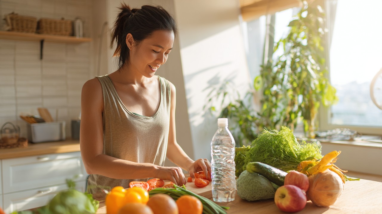 Gesunder Reisender bereitet eine ausgewogene Mahlzeit in einer hellen Küche vor, mit frischem Obst, Gemüse und Wasser.