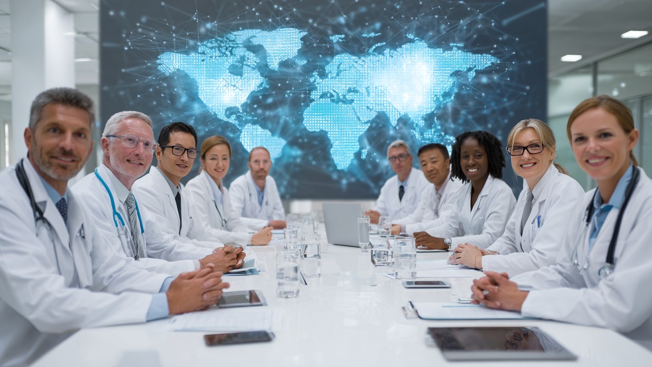 Vielseitige internationale Gesundheitsfachleute und Politiker diskutieren globale Reisevorschriften, mit Karten und digitalen Geräten.