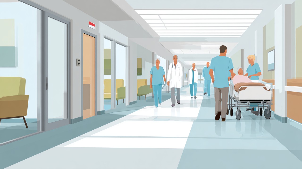 Realistic hospital corridor scene with nurse assisting patient leaving early, symbolizing reduced hospital stay and efficient healthcare.