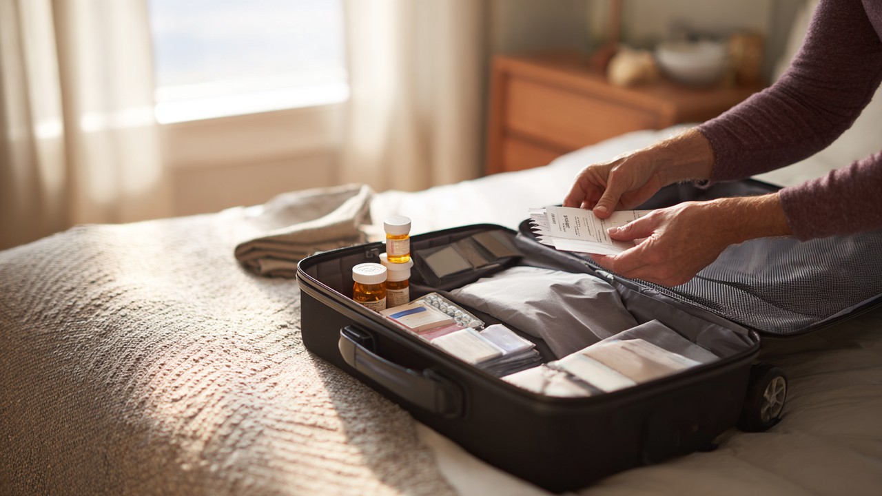 Reisender packt gut organisierte medizinische Reiseapotheke, Impfausweise und Versicherungsunterlagen in Koffer im hellen Schlafzimmer.