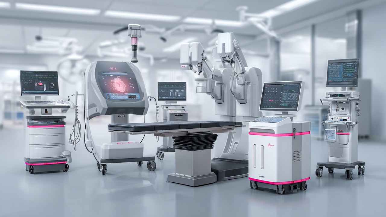 Realistic stock photo of advanced medical technology devices, including robotic surgical system, laparoscopic instruments, and ultrasound equipment in a high-tech hospital environment.