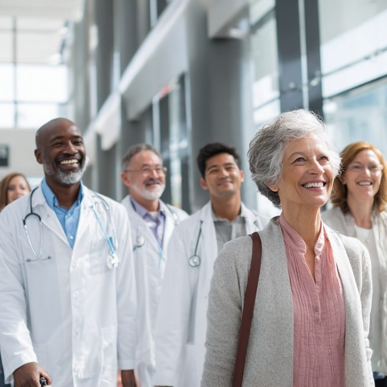 2025’de küresel sağlık turizmi için modern hastane lobisinde gülen tıbbi turistler, doktorlar ve sağlık personeli, seyahat çantalarıyla.