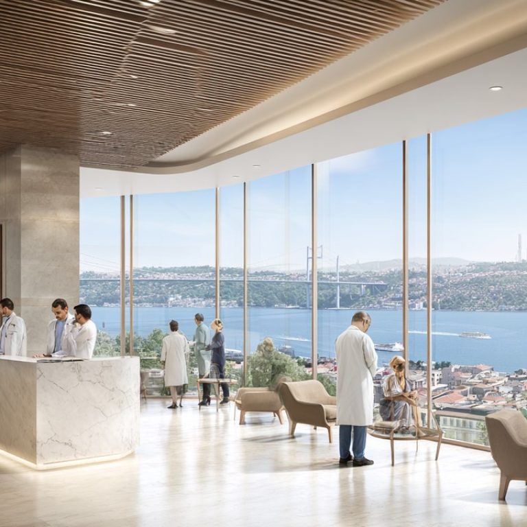 İstanbul'da modern hastane resepsiyon alanı, güler yüzlü sağlık çalışanları, şehir manzarası ve Bosphorus Köprüsü görünümüyle güvenilir sağlık hizmetleri