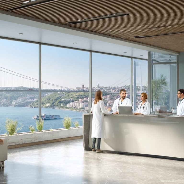 İstanbul'da modern hastane resepsiyon alanında doğal ışıkla aydınlatılmış, güler yüzlü sağlık profesyonelleri ve rahat hasta, Boğaziçi Köprüsü manzaralı büyük pencereler.