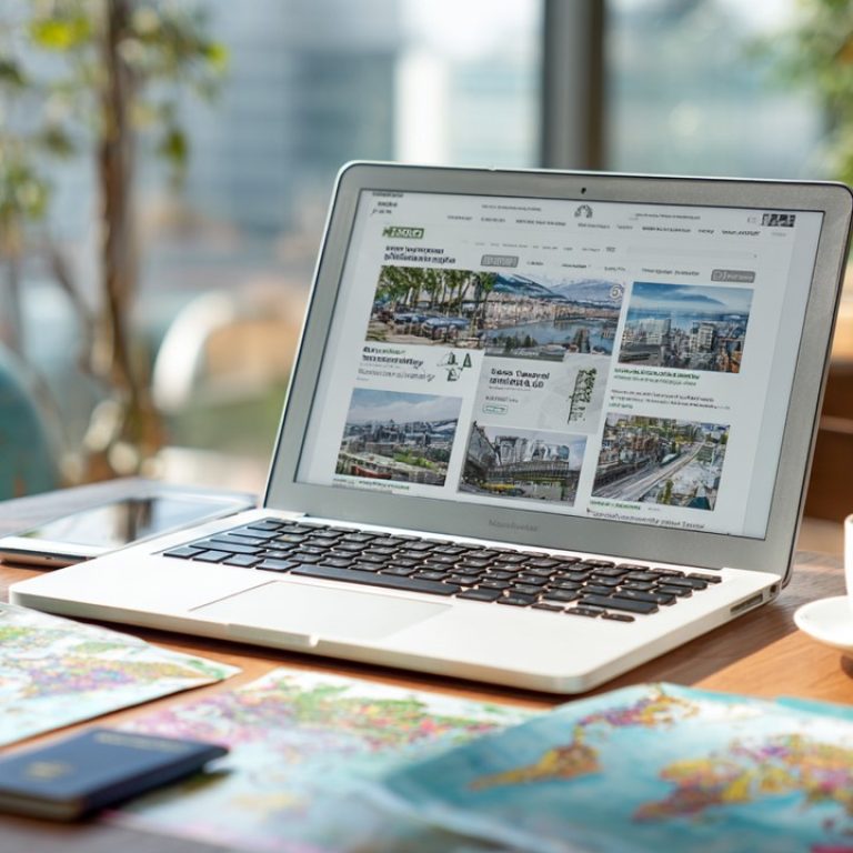 Modern dizüstü bilgisayar ve sağlık turizmi web sitesi ile organize çalışma alanı, seyahat broşürleri, pasaport ve kahve ile global harita.