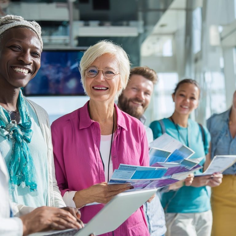 Modern havaalanı lounge'unda gülen sağlık turisti grubu, seyahat belgeleri ve tıbbi broşürlerle, güler yüzlü seyahat acentesiyle iletişim kuruyor.
