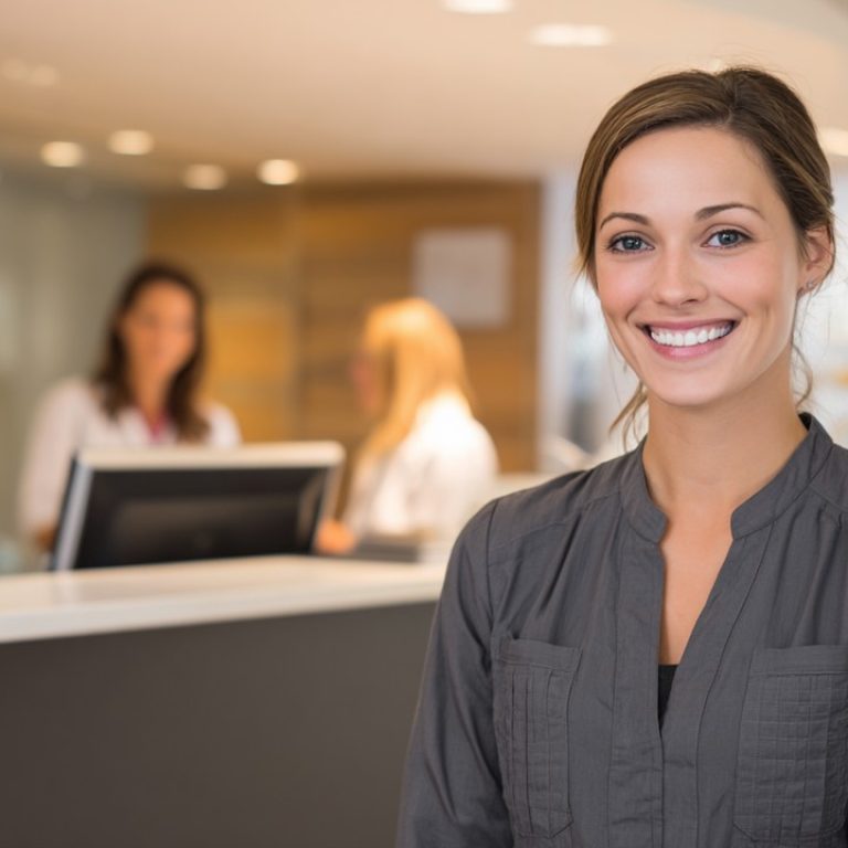 Modern klinik resepsiyon alanında güler yüzlü resepsiyonist, doğal ışık ve şık tasarım, hastalar ve teknolojik cihazlar görünür.