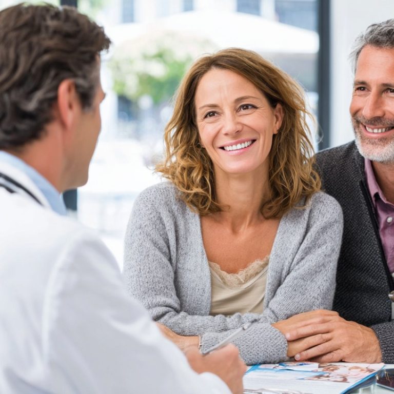 Modern klinikte güler yüzlü doktorla danışan orta yaşlı çift, doğal ışık ve Türk kültürel unsurlarla desteklenen sağlık ortamı