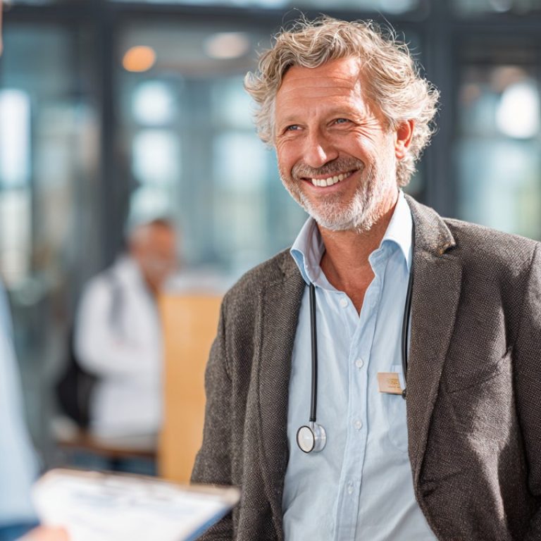 Modern klinikte güler yüzlü sağlık uzmanıyla görüşen kendinden emin orta yaşlı seyahat eden kişi, seyahat ve sağlık temalı görüntü