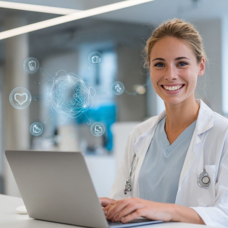 Modern sağlık kliniği resepsiyon alanında güleryüzlü sağlık çalışanı dizüstü bilgisayar kullanıyor, dijital ikonlarla yerel ve küresel SEO vurgusu.