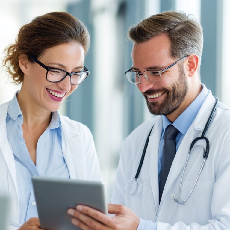 Modern tıp kliniğinde doktor ve hastanın tabletle minimally invasive tedavi seçeneklerini açıkladığı, güven ve bakım odaklı ortam