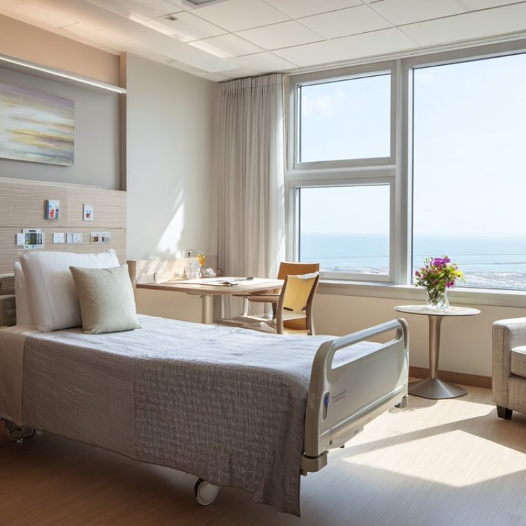 Parlak, modern hastane odası, büyük pencereden doğal ışık alan konforlu yatak ve yanındaki şık koltuk, sağlık seyahati için rahat ortam.